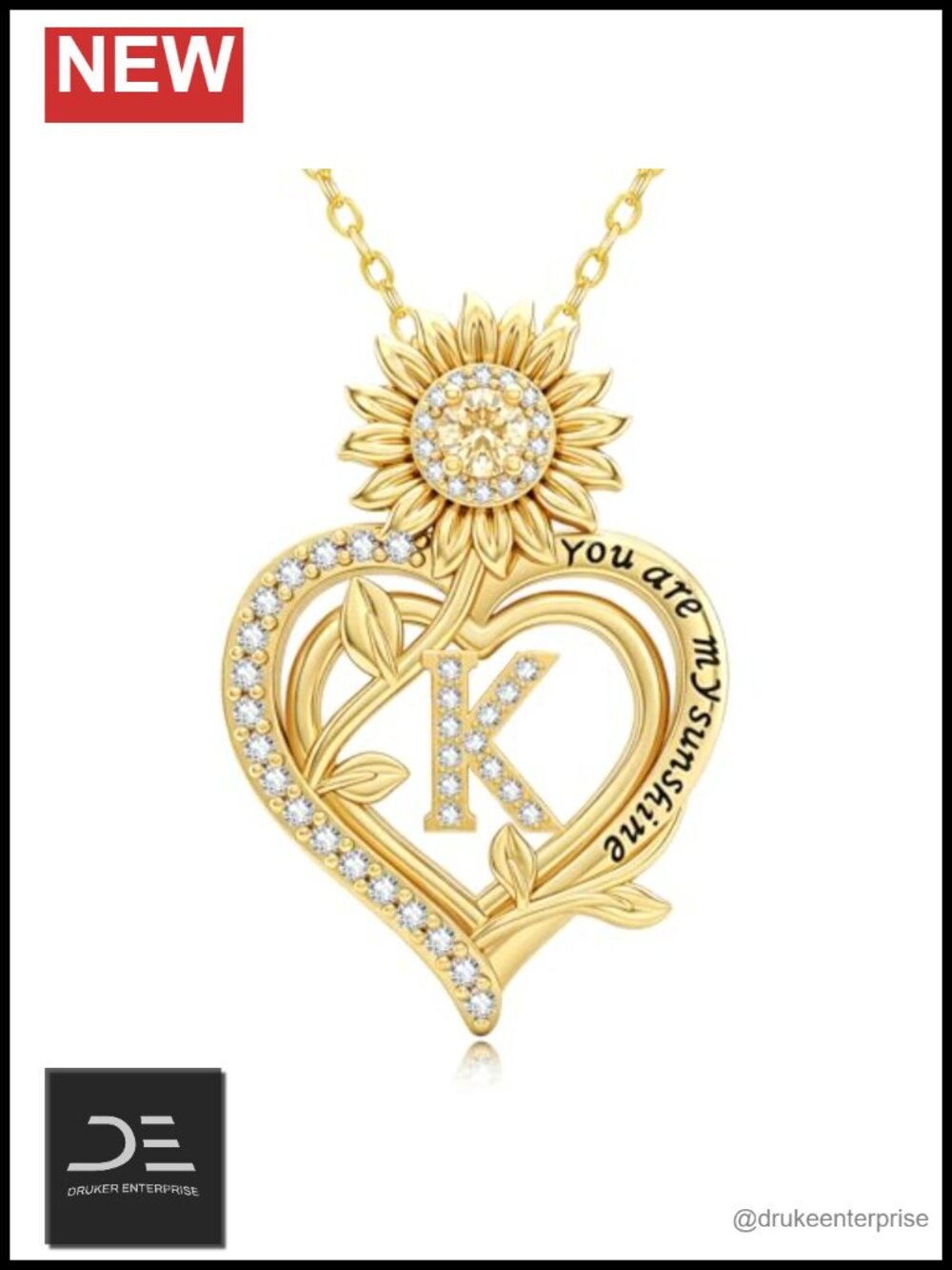 14K Gold Plated Sunflower Initial K Pendant Necklace Adjustable